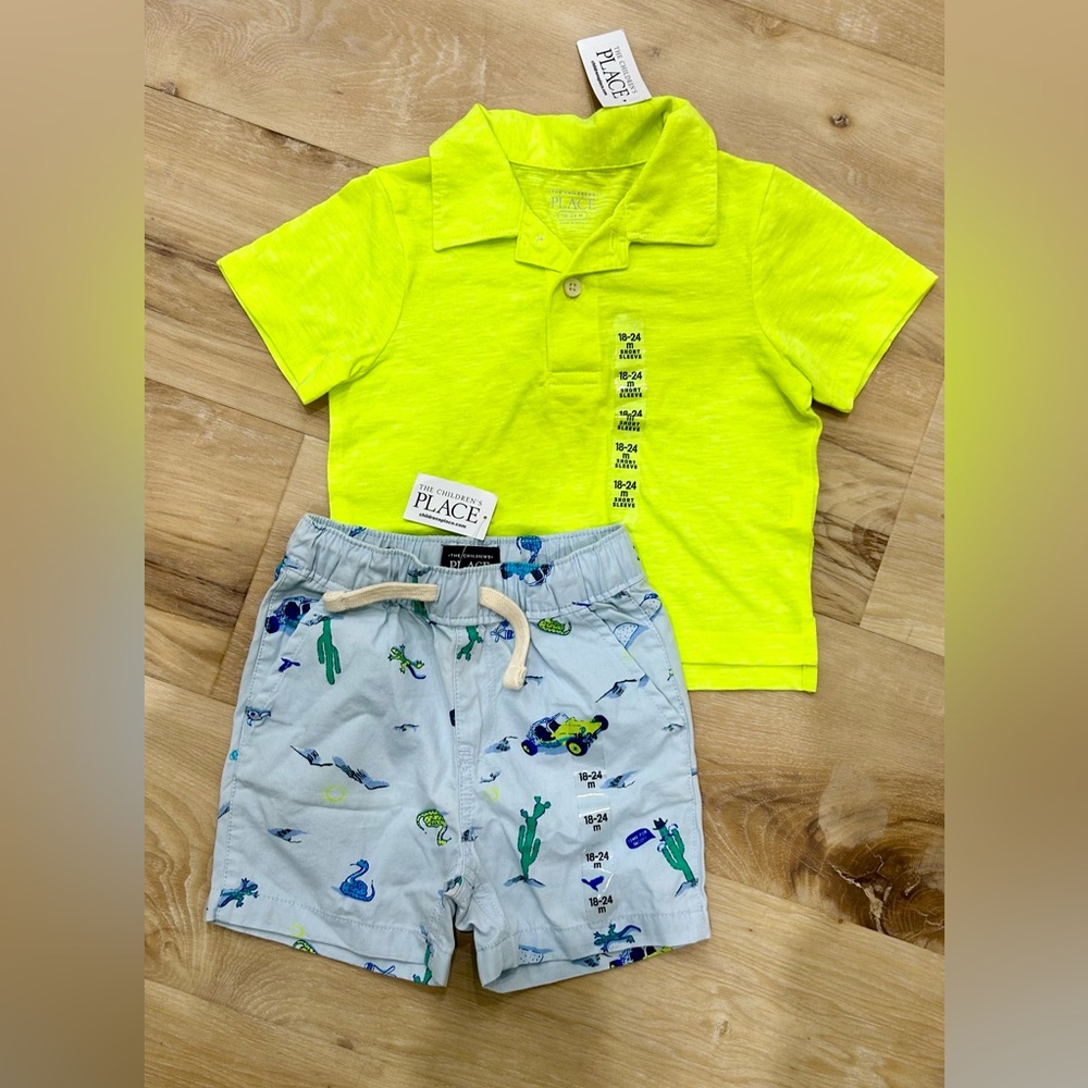 Neon Yellow Polo Shirt and Printed Shorts Set